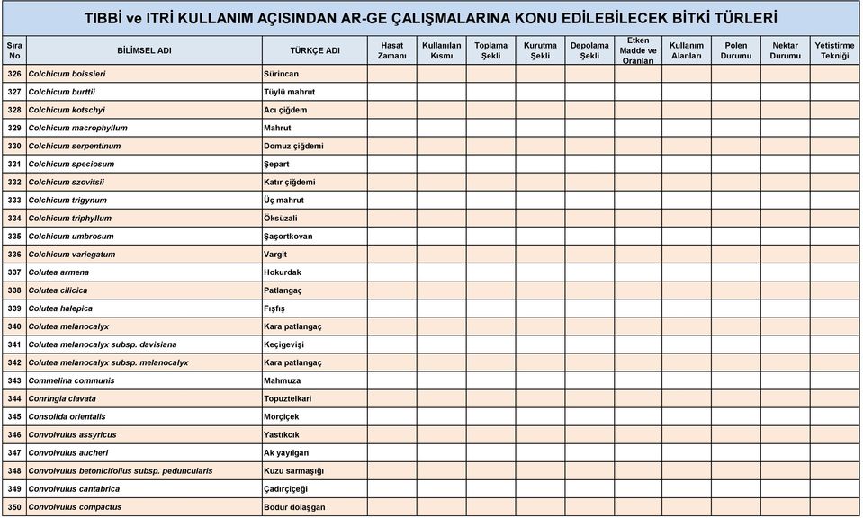 Hokurdak 338 Colutea cilicica Patlangaç 339 Colutea halepica Fışfış 340 Colutea melanocalyx Kara patlangaç 341 Colutea melanocalyx subsp. davisiana Keçigevişi 342 Colutea melanocalyx subsp.