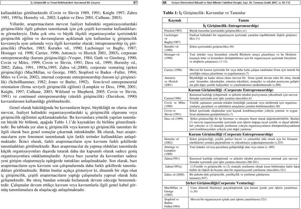 Yıllardır, araştırmacıların mevcut faaliyet halindeki organizasyonlardaki girişimcilikle ilgili çabaları tanımlamak için çok çeşitli kavramlar kullandıklarını görmekteyiz.