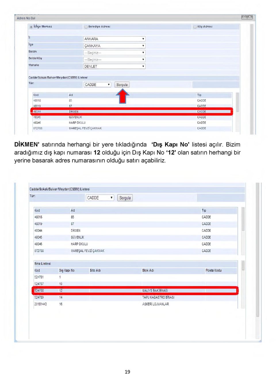 açılır. Bizim aradığımız dış kapı numarası 12 olduğu için Dış Kapı No 12 olan satırın herhangi bir yerine basarak adres numarasının olduğu satırı açabiliriz.