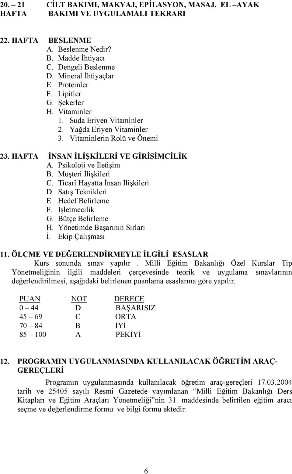 Psikoloji ve İletişim B. Müşteri İlişkileri C. Ticarî Hayatta İnsan İlişkileri D. Satış Teknikleri E. Hedef Belirleme F. İşletmecilik G. Bütçe Belirleme H. Yönetimde Başarının Sırları İ.