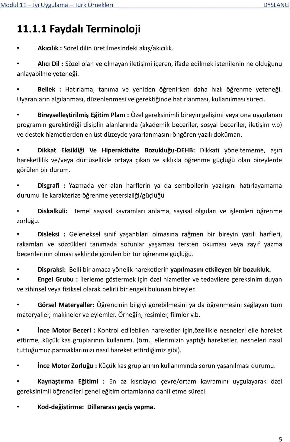 Bireyselleştirilmiş Eğitim Planı : Özel gereksinimli bireyin gelişimi veya ona uygulanan programın gerektirdiği disiplin alanlarında (akademik beceriler, sosyal beceriler, iletişim v.