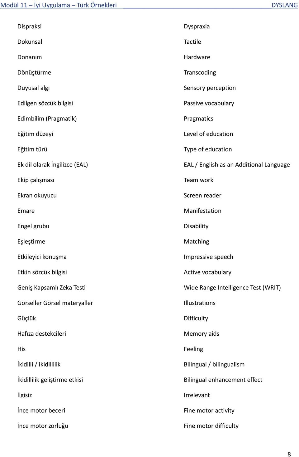 İnce motor beceri İnce motor zorluğu Dyspraxia Tactile Hardware Transcoding Sensory perception Passive vocabulary Pragmatics Level of education Type of education EAL / English as an Additional