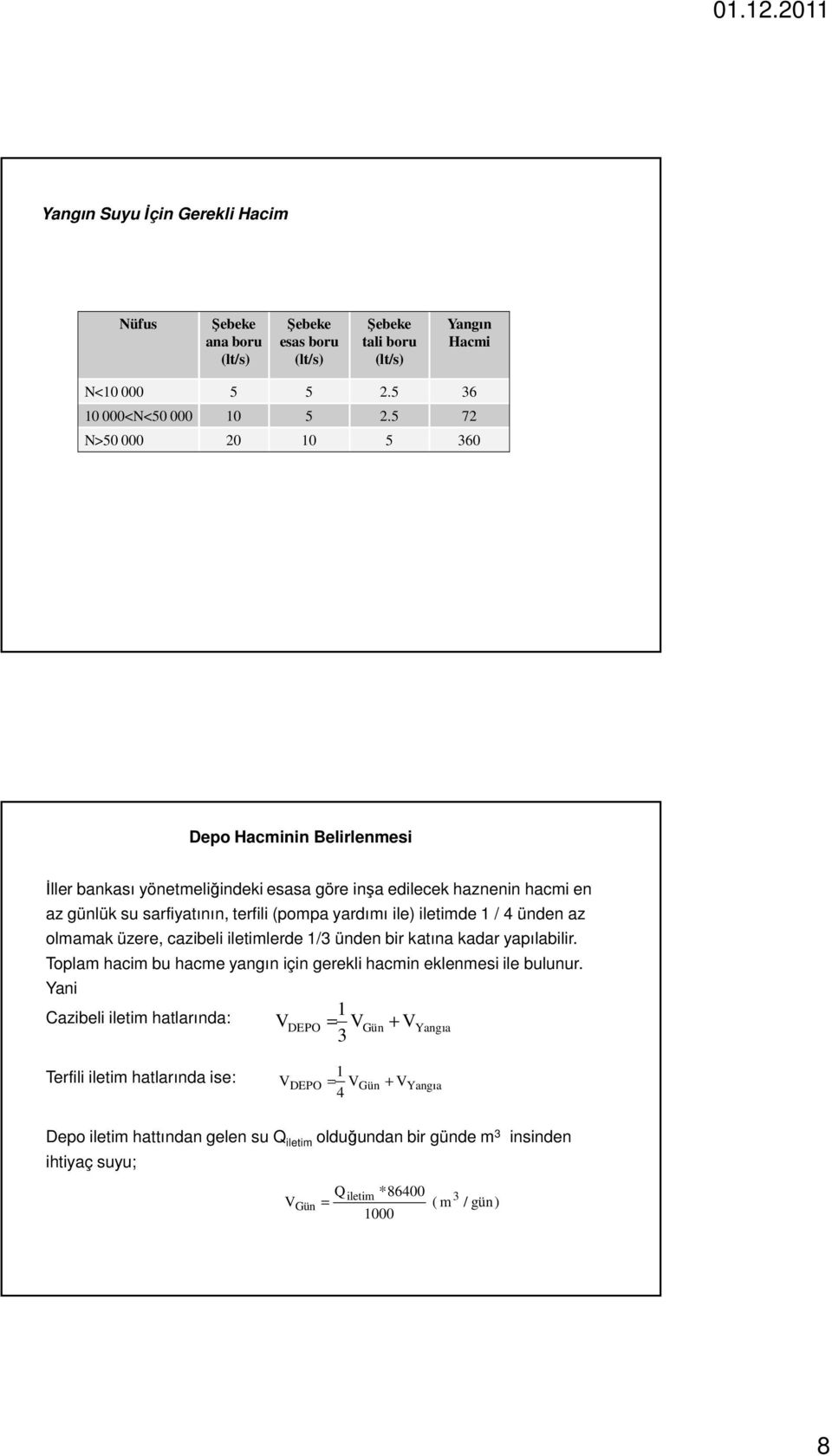 1 / 4 ünden az olmamak üzere, cazibeli iletimlerde 1/3 ünden bir katına kadar yapılabilir. Toplam hacim bu hacme yangın için gerekli hacmin eklenmesi ile bulunur.