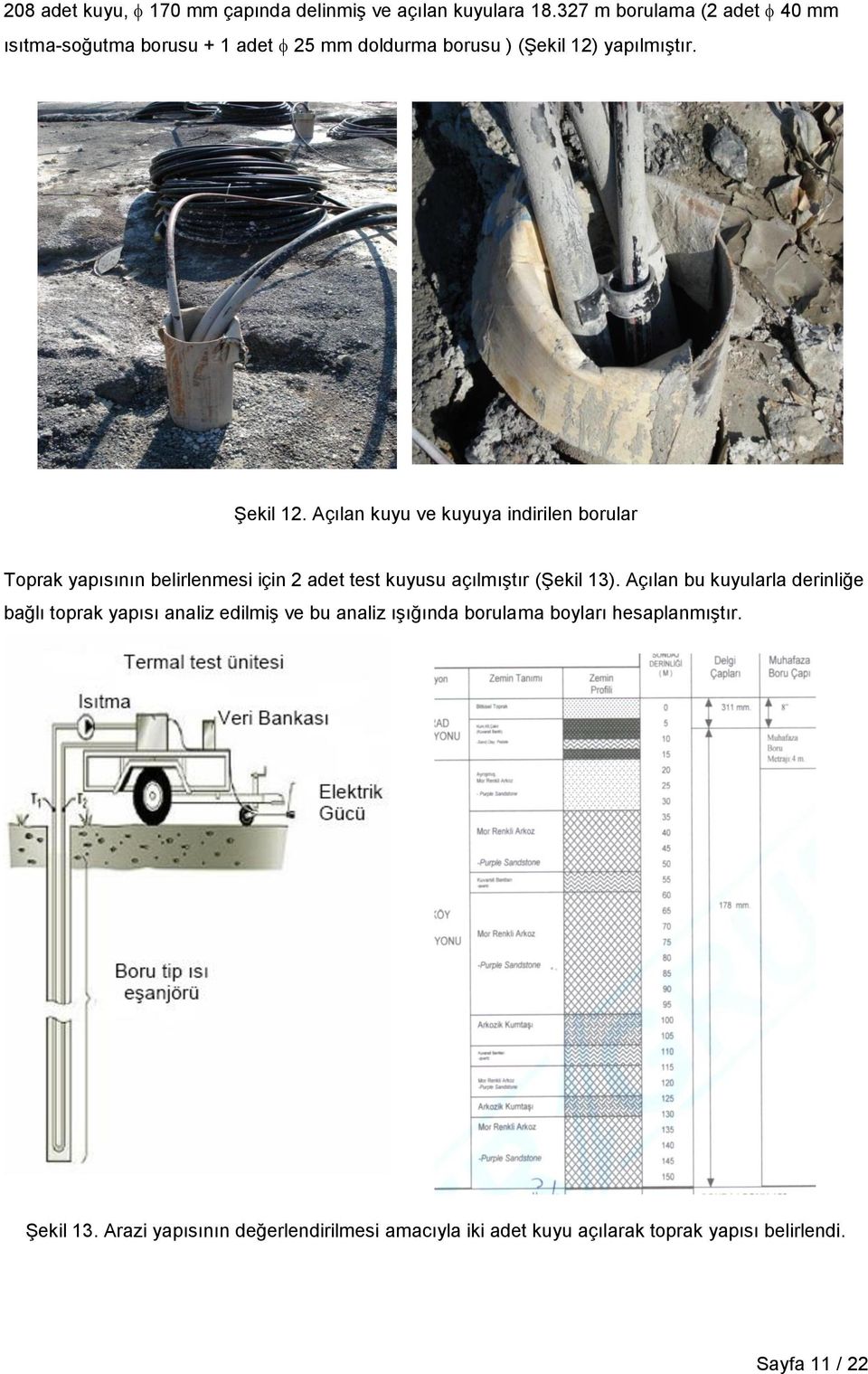 Açılan kuyu ve kuyuya indirilen borular Toprak yapısının belirlenmesi için 2 adet test kuyusu açılmıştır (Şekil 13).