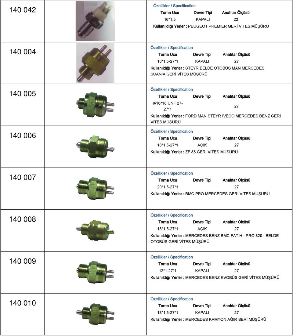 VİTES 140 007 20*1,5-27*1 27 Kullanıldığı Yerler : BMC PRO MERCEDES GERİ VİTES 140 008 Kullanıldığı Yerler : MERCEDES BENZ BMC FATİH - PRO 820 - BELDE OTOBÜS