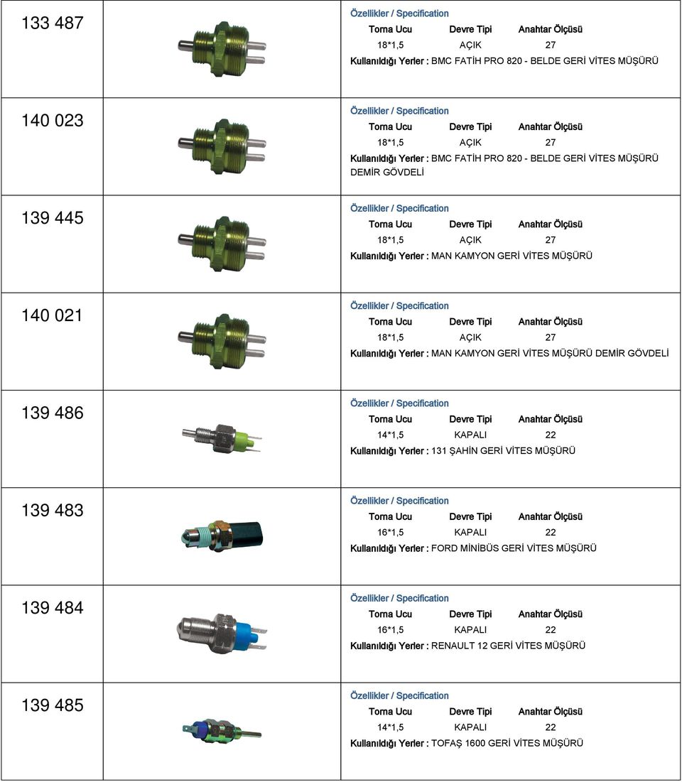 486 14*1,5 KAPALI 22 Kullanıldığı Yerler : 131 ŞAHİN GERİ VİTES 139 483 16*1,5 KAPALI 22 Kullanıldığı Yerler : FORD MİNİBÜS GERİ VİTES