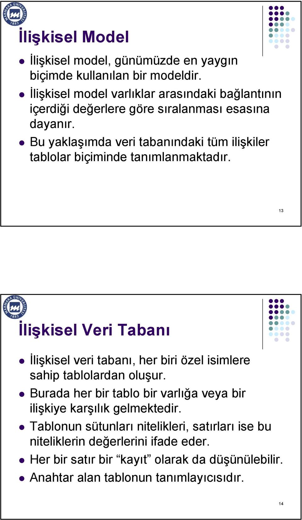 Bu yaklaşımda veri tabanındaki tüm ilişkiler tablolar biçiminde tanımlanmaktadır.