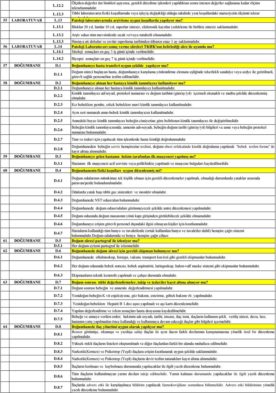 Arşiv odası tüm mevsimlerde sıcak ve/veya rutubetli olmamalıdır. L.13.3 Hastaya ait dokular ve sıvılar raporlama tarihinden itibaren enaz 1 ay saklanmalıdır. 56 LABORATUVAR L.