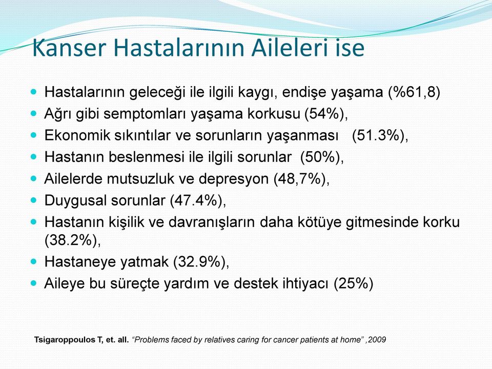 3%), Hastanın beslenmesi ile ilgili sorunlar (50%), Ailelerde mutsuzluk ve depresyon (48,7%), Duygusal sorunlar (47.