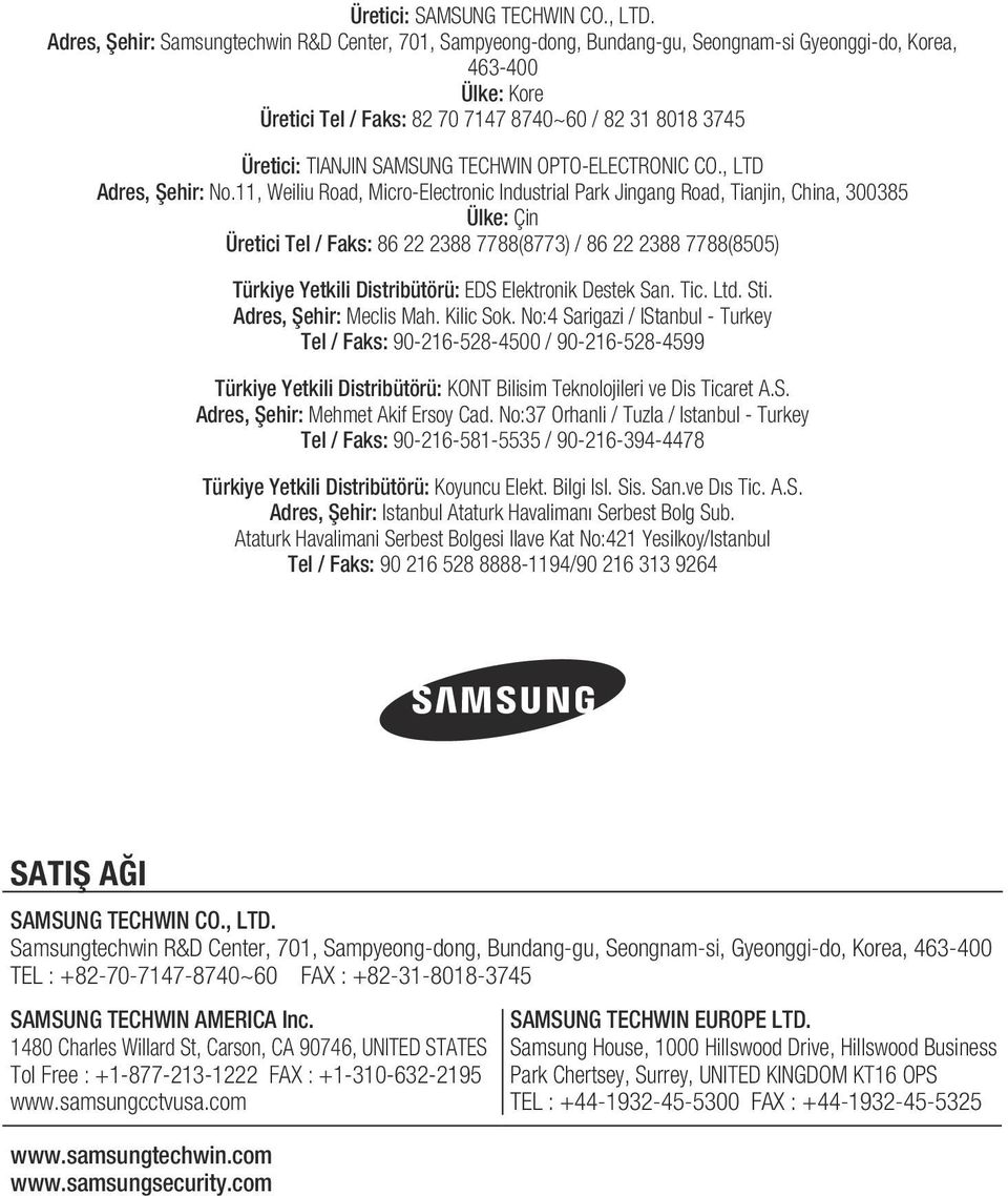 SAMSUNG TECHWIN OPTOELECTRONIC CO., LTD Adres, Şehir: No.