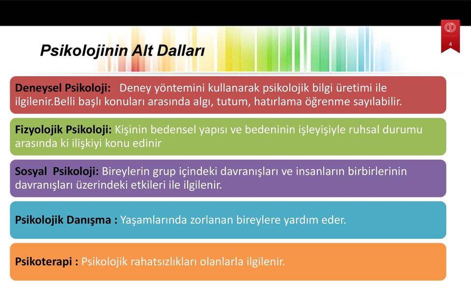 Fizyolojik Psikoloji: Kişinin bedensel yapısı ve bedeninin işleyişiyle ruhsal durumu arasında ki ilişkiyi konu edinir Sosyal Psikoloji: