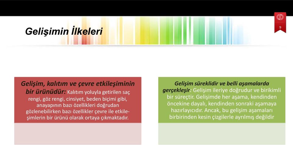 çıkmaktadır. Gelişim süreklidir ve belli aşamalarda gerçekleşir: Gelişim ileriye doğrudur ve birikimli bir süreçtir.