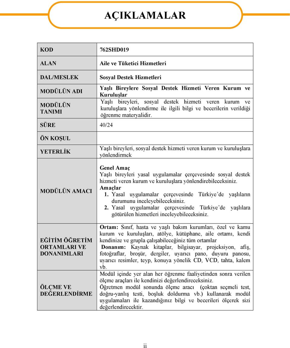 ÖN KOŞUL YETERLİK MODÜLÜN AMACI EĞİTİM ÖĞRETİM ORTAMLARI VE DONANIMLARI ÖLÇME VE DEĞERLENDİRME Yaşlı bireyleri, sosyal destek hizmeti veren kurum ve kuruluşlara yönlendirmek Genel Amaç Yaşlı