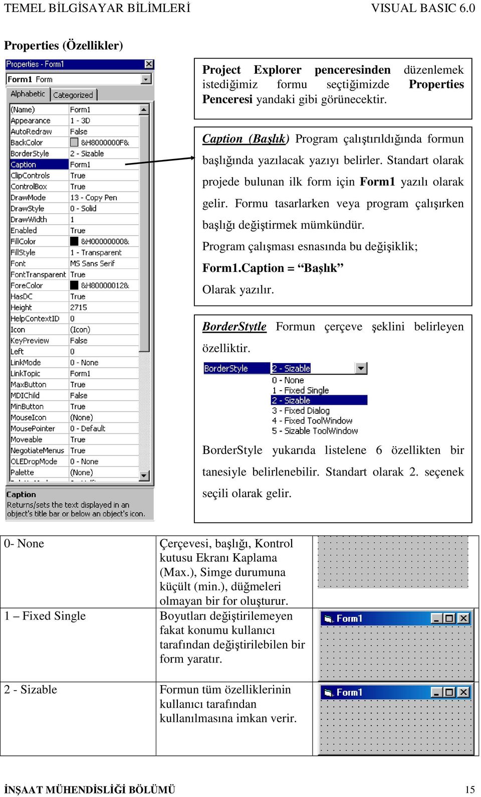 Formu tasarlarken veya program çalışırken başlığı değiştirmek mümkündür. Program çalışması esnasında bu değişiklik; Form1.Caption = Başlık Olarak yazılır.