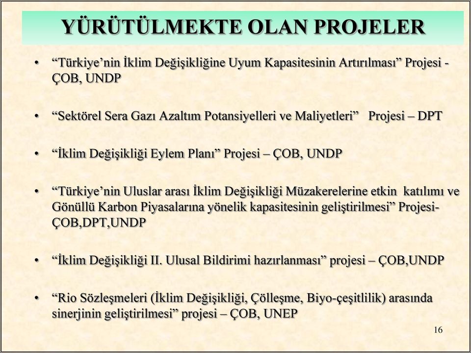 Müzakerelerine etkin katılımı ve Gönüllü Karbon Piyasalarına yönelik kapasitesinin geliştirilmesi Projesi- ÇOB,DPT,UNDP İklim Değişikliği II.