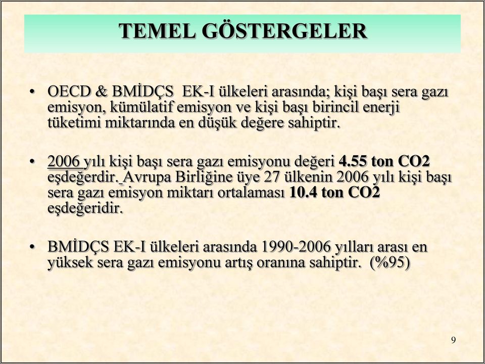 55 ton CO2 eşdeğerdir. Avrupa Birliğine üye 27 ülkenin 2006 yılı kişi başı sera gazı emisyon miktarı ortalaması 10.