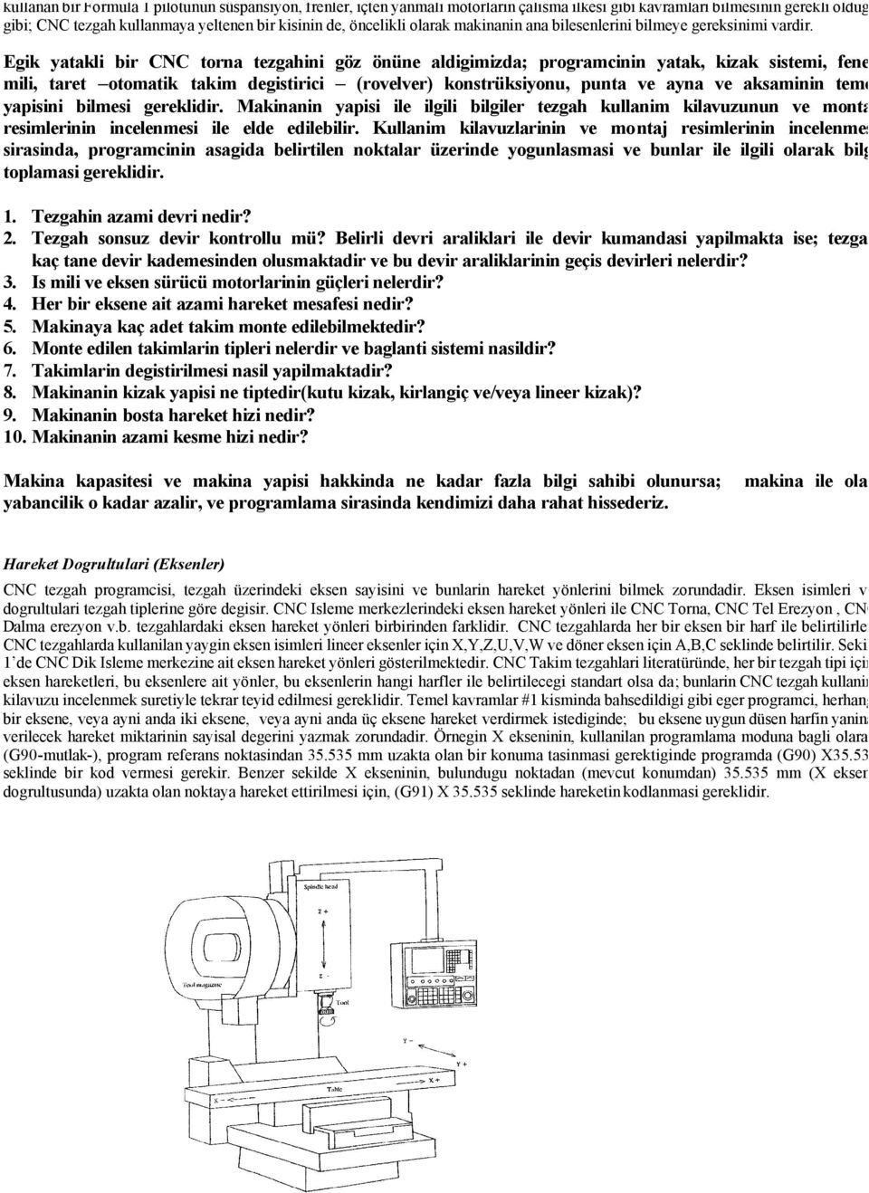 Egik yatakli bir CNC torna tezgahini göz önüne aldigimizda; programcinin yatak, kizak sistemi, fener mili, taret otomatik takim degistirici (rovelver) konstrüksiyonu, punta ve ayna ve aksaminin temel