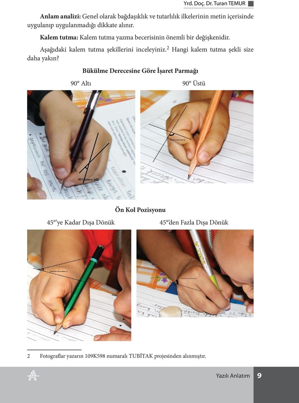 alınır. Kalem tutma: Kalem tutma yazma becerisinin önemli bir değişkenidir. Aşağıdaki kalem tutma şekillerini inceleyiniz.