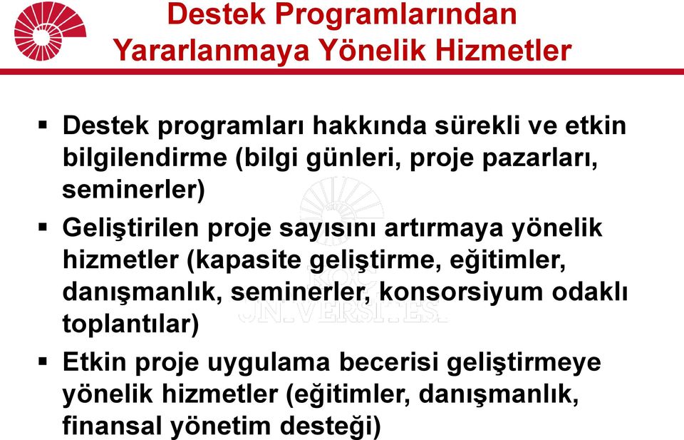 yönelik hizmetler (kapasite geliştirme, eğitimler, danışmanlık, seminerler, konsorsiyum odaklı