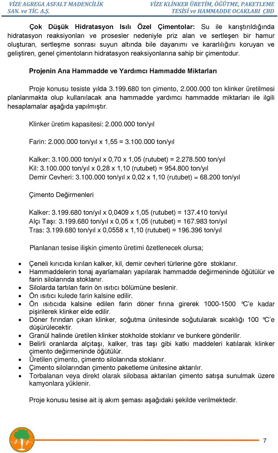 Projenin Ana Hammadde ve Yardımcı Hammadde Miktarları Proje konusu tesiste yılda 3.199.680 ton çimento, 2.000.