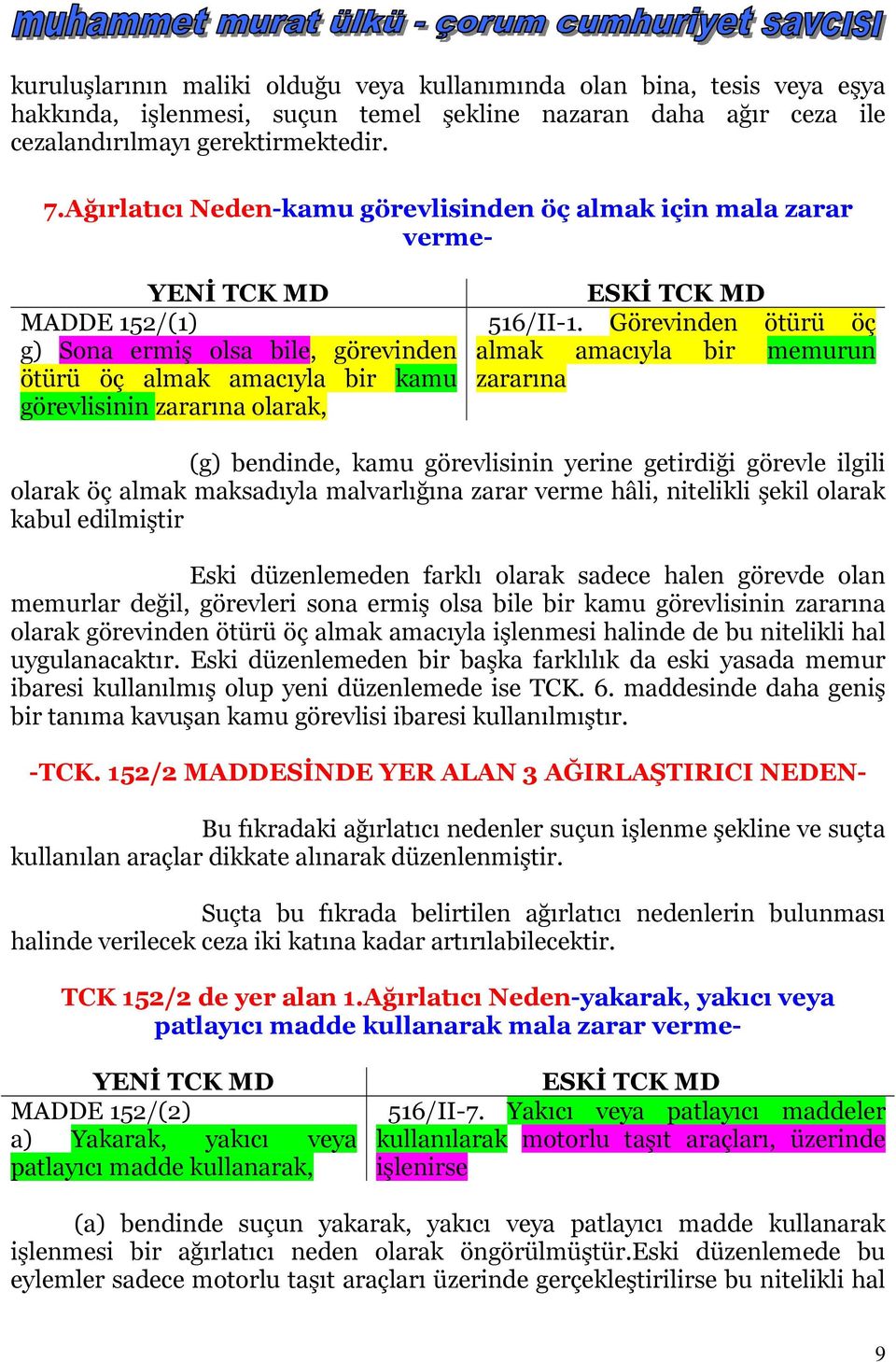 Görevinden ötürü öç almak amacıyla bir memurun zararına (g) bendinde, kamu görevlisinin yerine getirdiği görevle ilgili olarak öç almak maksadıyla malvarlığına zarar verme hâli, nitelikli şekil