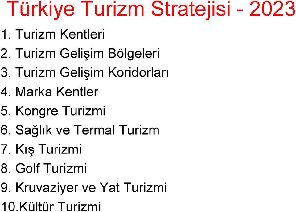 Marka Kentler 5. Kongre Turizmi 6. Sağlık ve Termal Turizm 7.