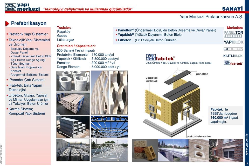 Sistem; Kompozit Yapı Sistemi teknolojiyi geliştirmek ve kullanmak gücümüzdür Tesisler: Paşaköy Gebze Lüleburgaz Üretimleri / Kapasiteleri: 500 Sanayi Tesisi İnşaatı Prefabrike Elemanlar : 150.