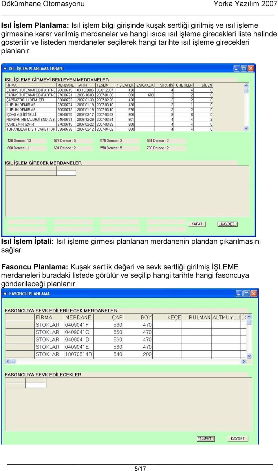 planlanır. Isıl İşlem İptali: Isıl işleme girmesi planlanan merdanenin plandan çıkarılmasını sağlar.