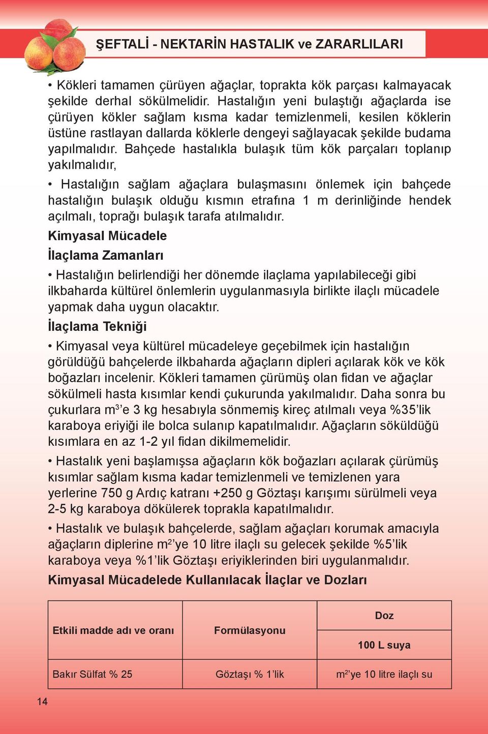 Bahçede hastalıkla bulaşık tüm kök parçaları toplanıp yakılmalıdır, Hastalığın sağlam ağaçlara bulaşmasını önlemek için bahçede hastalığın bulaşık olduğu kısmın etrafına 1 m derinliğinde hendek