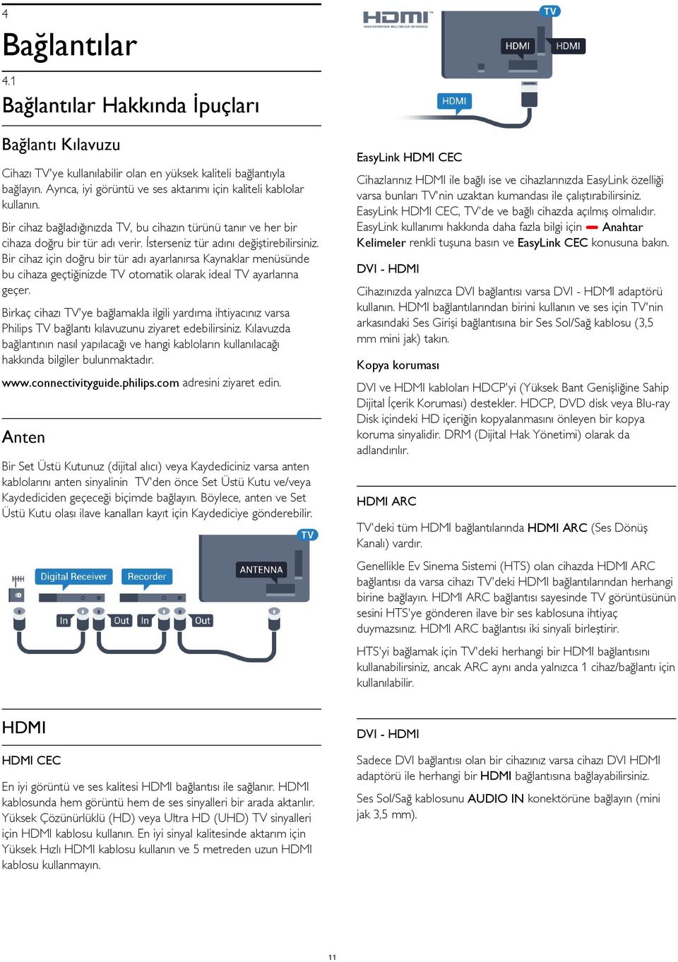 EasyLink HDMI CEC, TV'de ve bağlı cihazda açılmış olmalıdır. EasyLink kullanımı hakkında daha fazla bilgi için Anahtar Kelimeler renkli tuşuna basın ve EasyLink CEC konusuna bakın.