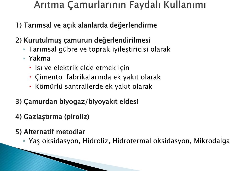 fabrikalarında ek yakıt olarak Kömürlü santrallerde ek yakıt olarak 3) Çamurdan biyogaz/biyoyakıt