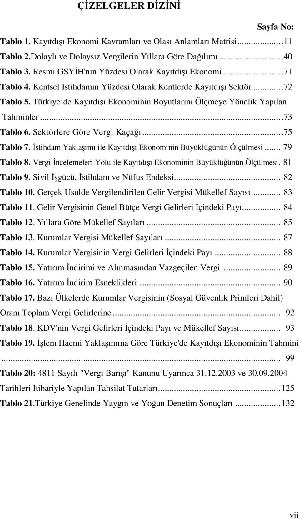 Türkiye de Kayıtdışı Ekonominin Boyutlarını Ölçmeye Yönelik Yapılan Tahminler...73 Tablo 6. Sektörlere Göre Vergi Kaçağı...75 Tablo 7.