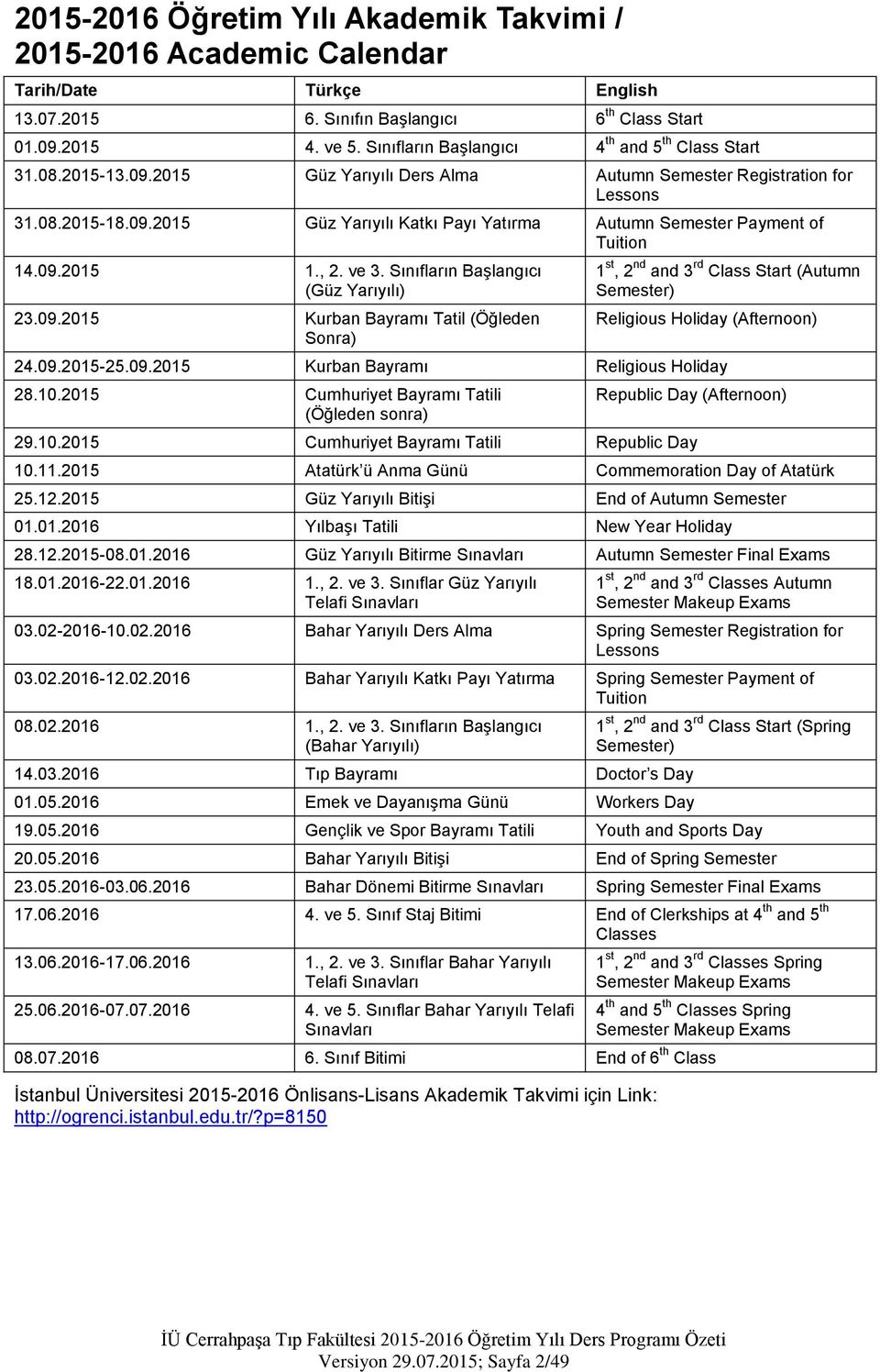 09.2015 1., 2. ve 3. Sınıfların Başlangıcı (Güz Yarıyılı) 23.09.2015 Kurban Bayramı Tatil (Öğleden Sonra) 1 st, 2 nd and 3 rd Class Start (Autumn Semester) Religious Holiday (Afternoon) 24.09.2015-25.