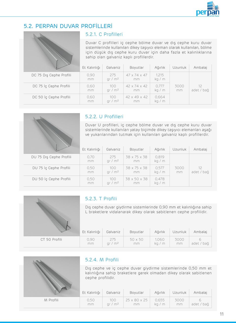 kalınlıklarına sahip olan galvaniz kaplı profillerdir.
