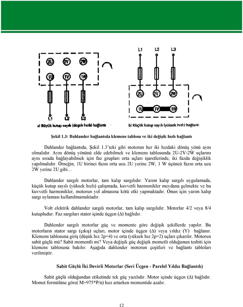 Örneğin, 1U birinci fazın orta ucu 2U yerine 2W, 1 W üçüncü fazın orta ucu 2W yerine 2U gibi Dahlander sargılı motorlar, tam kalıp sargılıdır.