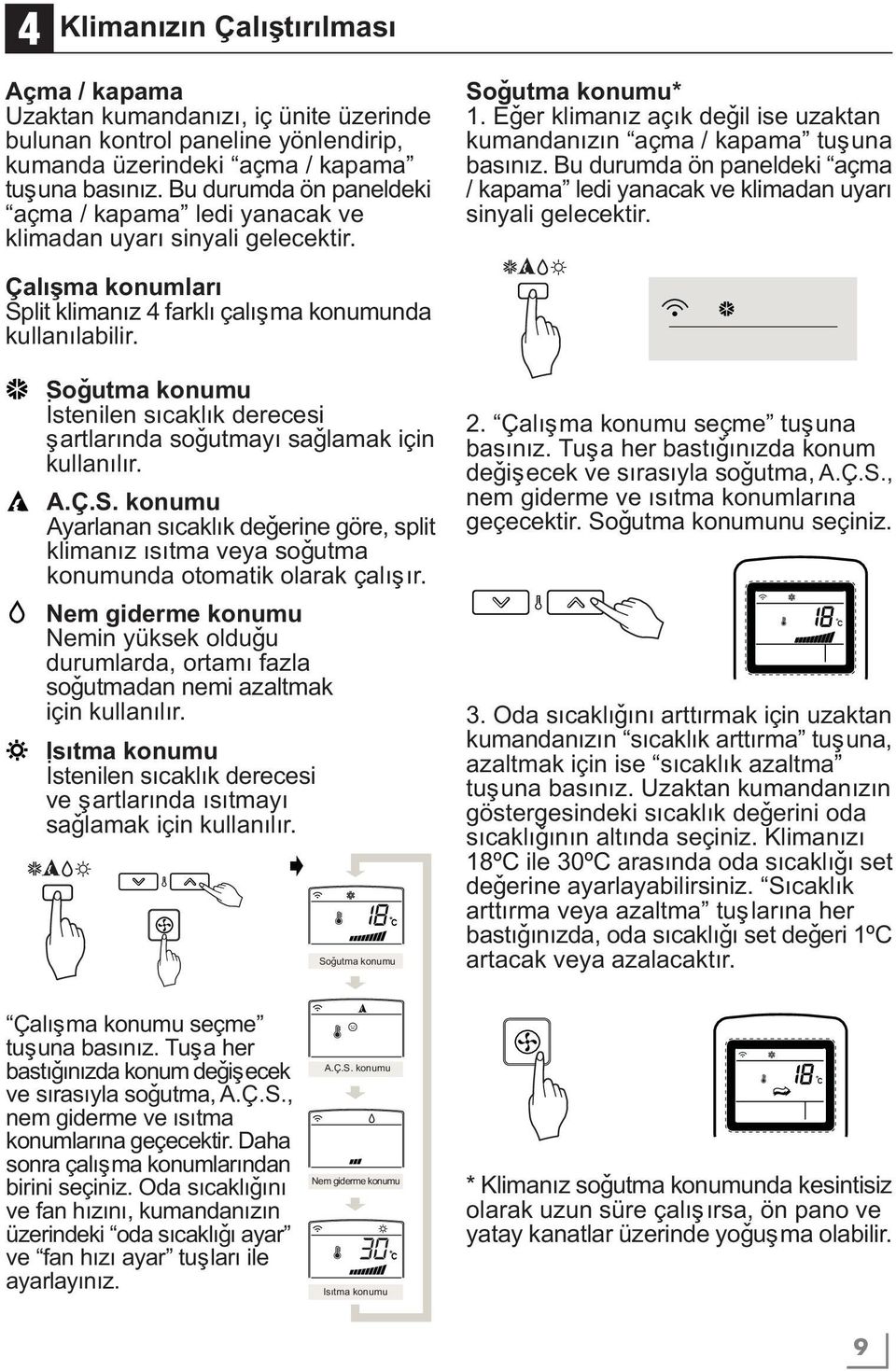 Bu durumda ön paneldeki açma / kapama ledi yanacak ve klimadan uyarý sinyali gelecektir. Çalýþma konumlarý Split klimanýz 4 farklý çalýþma konumunda kullanýlabilir.