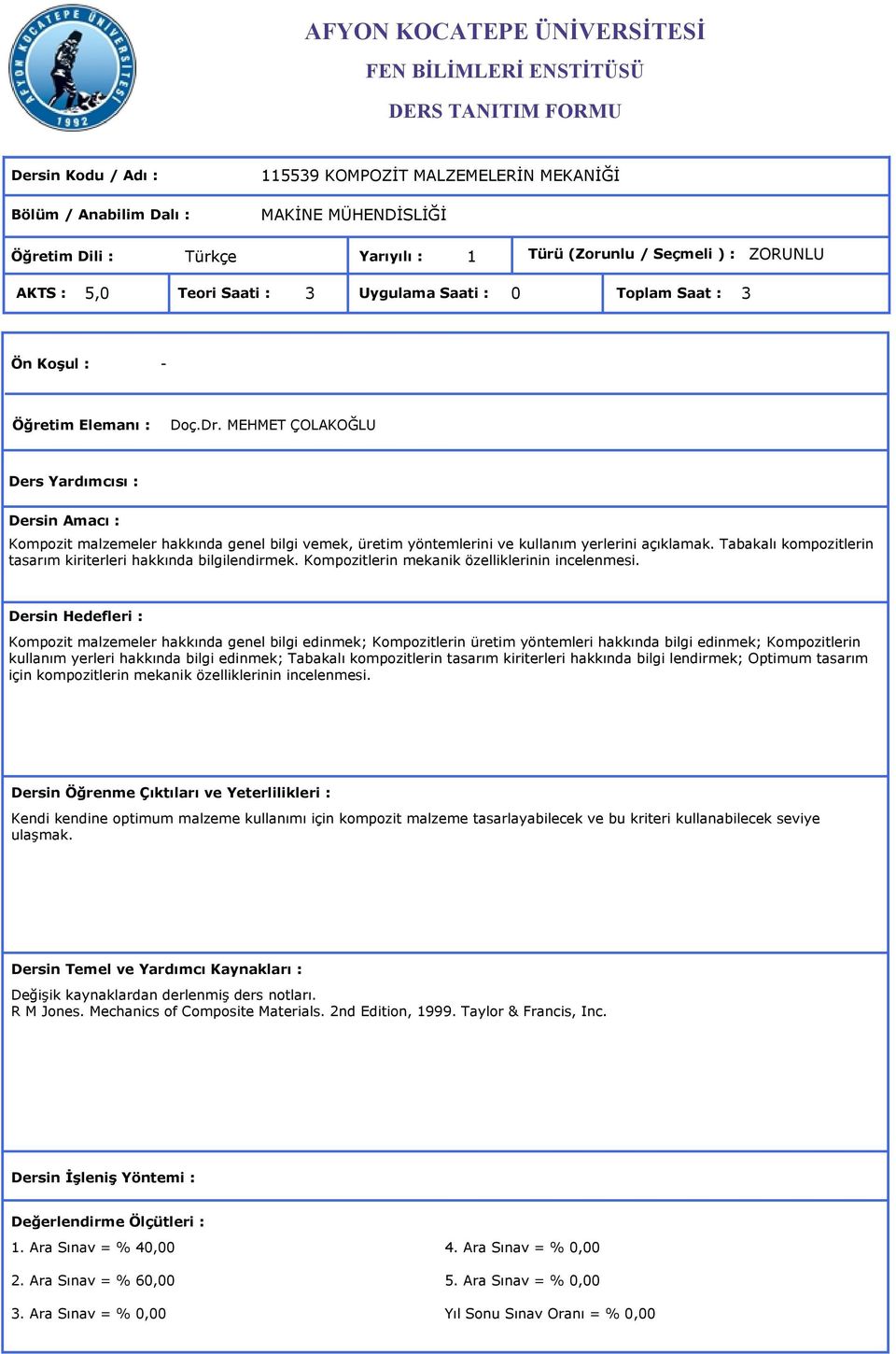 MEHMET ÇOLAKOĞLU Ders Yardımcısı : Dersin Amacı : Kompozit malzemeler hakkında genel bilgi vemek, üretim yöntemlerini ve kullanım yerlerini açıklamak.