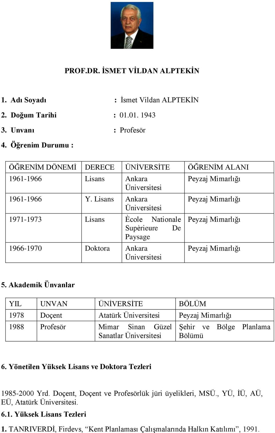 Lisans Ankara 1971-1973 Lisans Ècole Nationale Supèrieure De Paysage 1966-1970 Doktora Ankara 5.