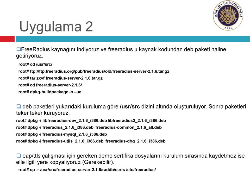 Sonra paketleri teker teker kuruyoruz. root# dpkg -i libfreeradius-dev_2.1.6_i386.deb libfreeradius2_2.1.6_i386.deb root# dpkg -i freeradius_2.1.6_i386.deb freeradius-common_2.1.6_all.