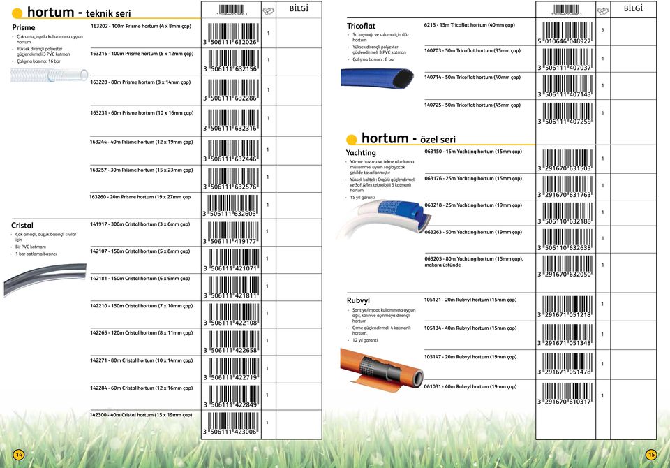 hortum (mm çap) 004 089 8-80m Prisme hortum (8 x 4mm çap) 4074-0m Tricoflat hortum (40mm çap) 407-0m Tricoflat hortum (4mm çap) - 0m Prisme hortum (0 x mm çap) 44-40m Prisme hortum ( x 9mm çap) 7-0m