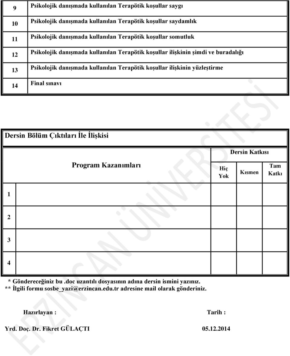 ilişkinin yüzleştirme Final sınavı Dersin Bölüm Çıktıları İle İlişkisi Dersin Katkısı Program Kazanımları Hiç Yok Kısmen Tam Katkı 1 2 3 4 * Göndereceğiniz bu.