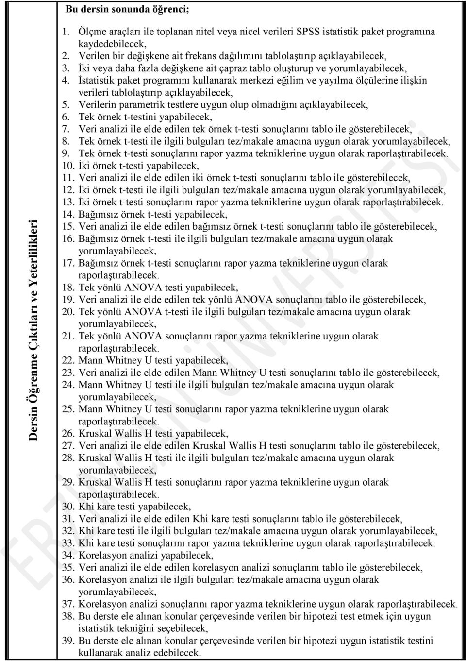 İstatistik paket programını kullanarak merkezi eğilim ve yayılma ölçülerine ilişkin verileri tablolaştırıp açıklayabilecek, 5. Verilerin parametrik testlere uygun olup olmadığını açıklayabilecek, 6.