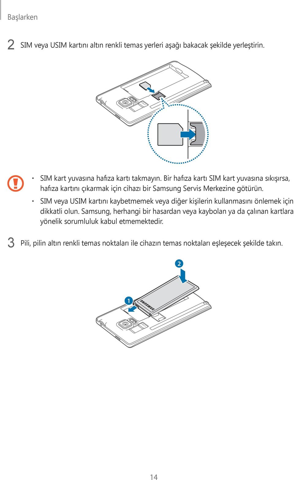 SIM veya USIM kartını kaybetmemek veya diğer kişilerin kullanmasını önlemek için dikkatli olun.