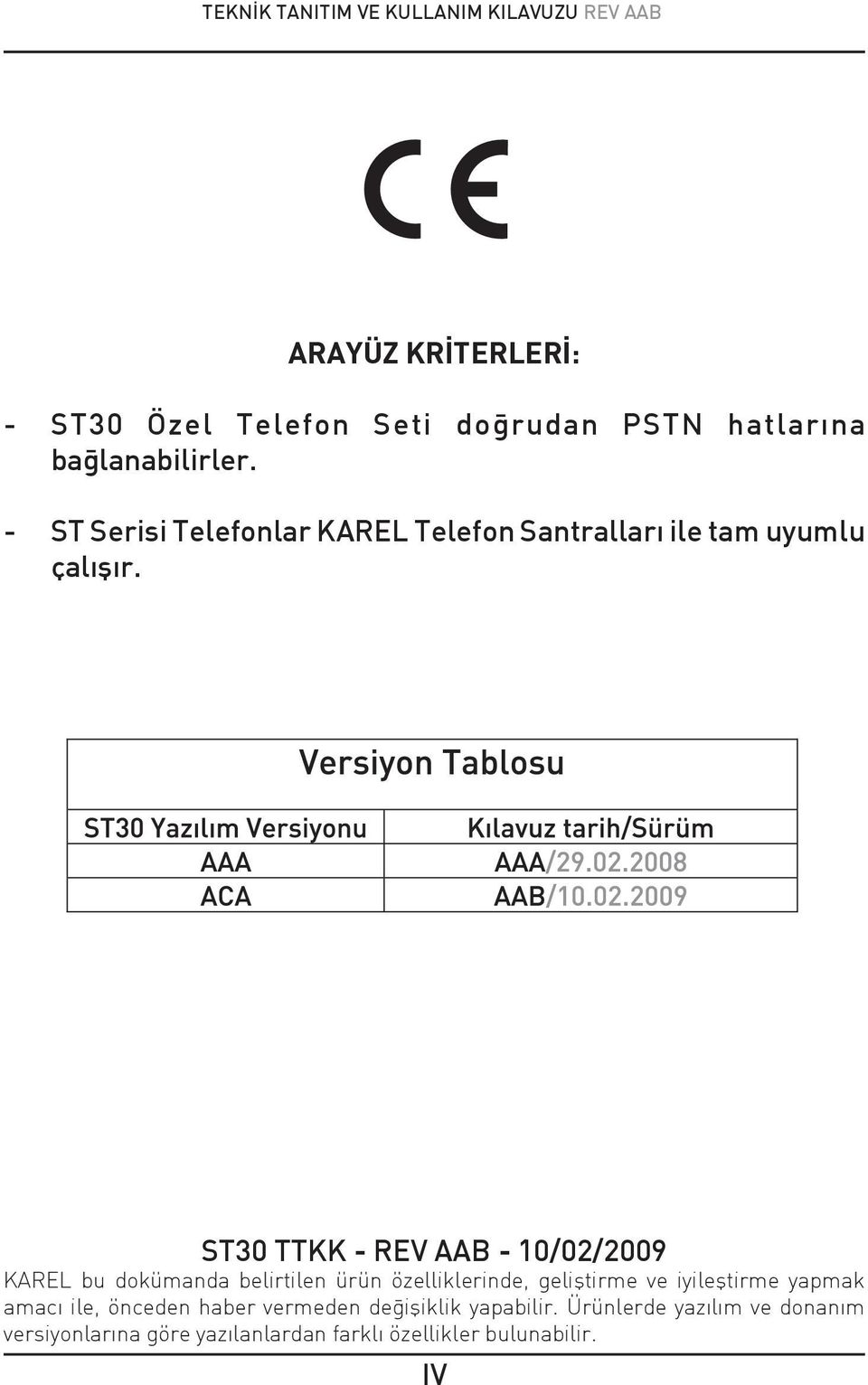 ST30 TTKK - REV AAB - 10/02/2009 KAREL bu dokümanda belirtilen ürün özelliklerinde, geliþtirme ve iyileþtirme yapmak