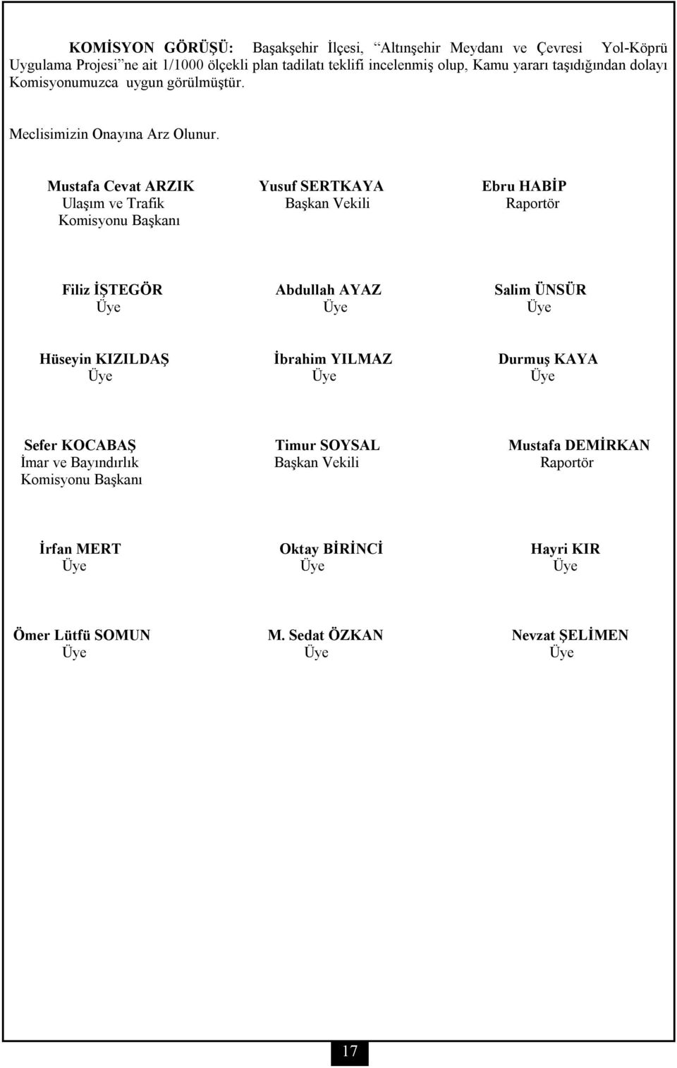 Mustafa Cevat ARZIK Yusuf SERTKAYA Ebru HABİP Ulaşım ve Trafik Başkan Vekili Raportör Komisyonu Başkanı Filiz İŞTEGÖR Abdullah AYAZ Salim ÜNSÜR