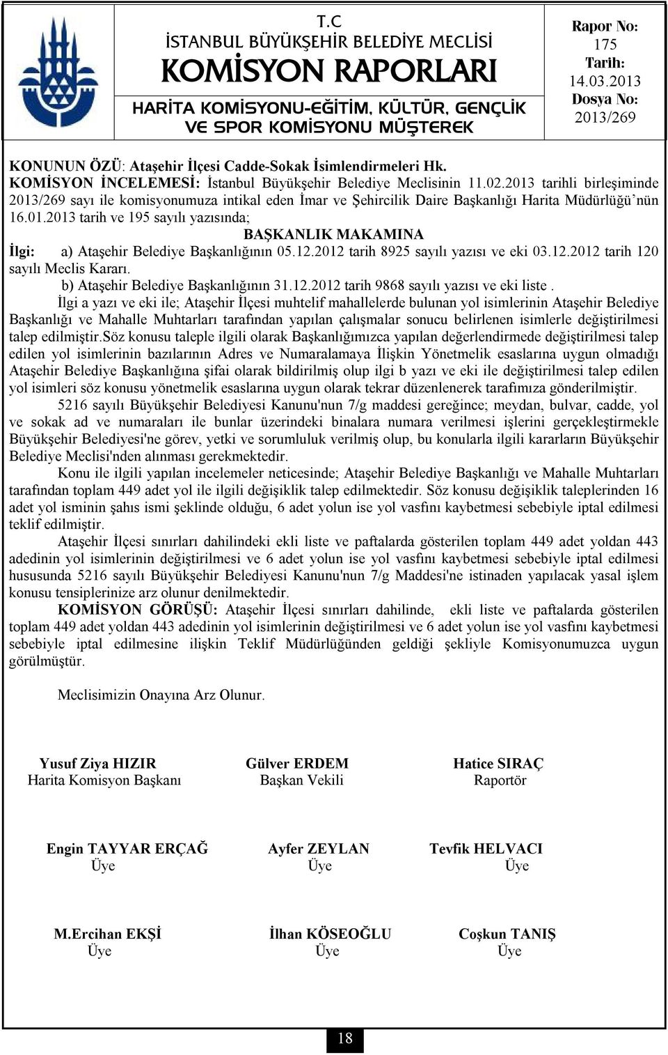 01.2013 tarih ve 195 sayılı yazısında; BAŞKANLIK MAKAMINA İlgi: a) Ataşehir Belediye Başkanlığının 05.12.2012 tarih 8925 sayılı yazısı ve eki 03.12.2012 tarih 120 sayılı Meclis Kararı.