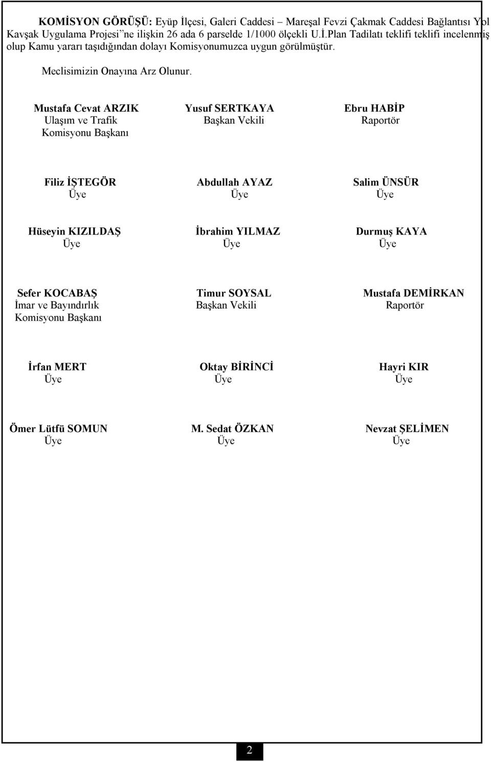 İbrahim YILMAZ Durmuş KAYA Sefer KOCABAŞ Timur SOYSAL Mustafa DEMİRKAN İmar ve Bayındırlık Başkan Vekili Raportör Komisyonu Başkanı İrfan MERT Oktay BİRİNCİ Hayri