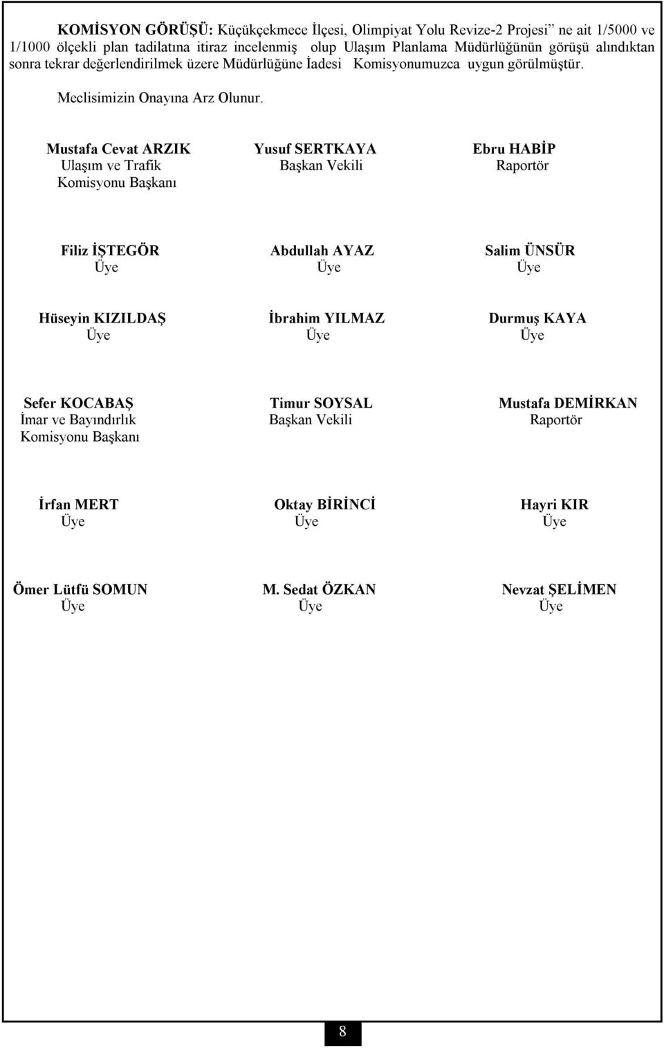 Mustafa Cevat ARZIK Yusuf SERTKAYA Ebru HABİP Ulaşım ve Trafik Başkan Vekili Raportör Komisyonu Başkanı Filiz İŞTEGÖR Abdullah AYAZ Salim ÜNSÜR Hüseyin KIZILDAŞ
