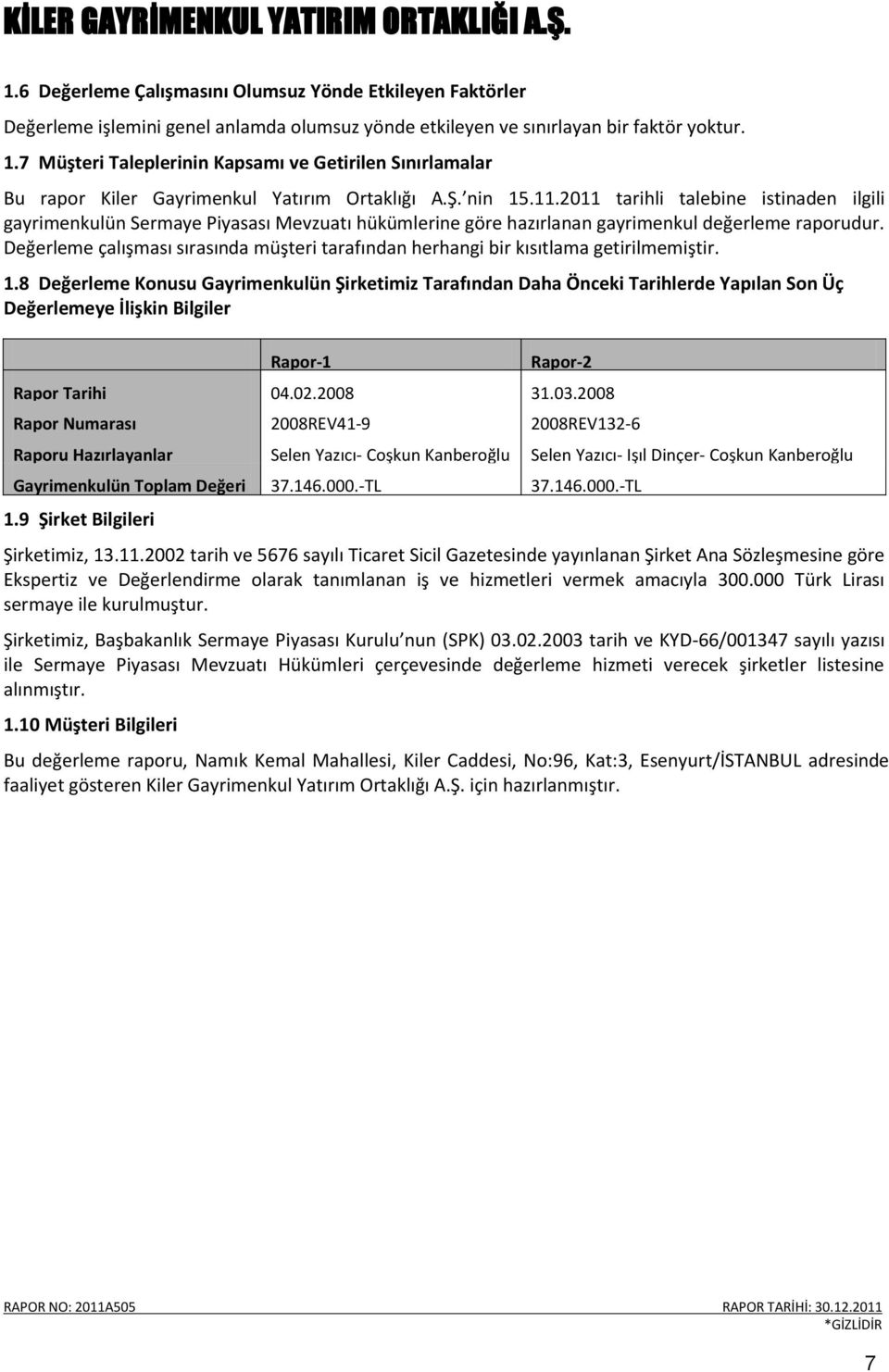 2011 tarihli talebine istinaden ilgili gayrimenkulün Sermaye Piyasası Mevzuatı hükümlerine göre hazırlanan gayrimenkul değerleme raporudur.