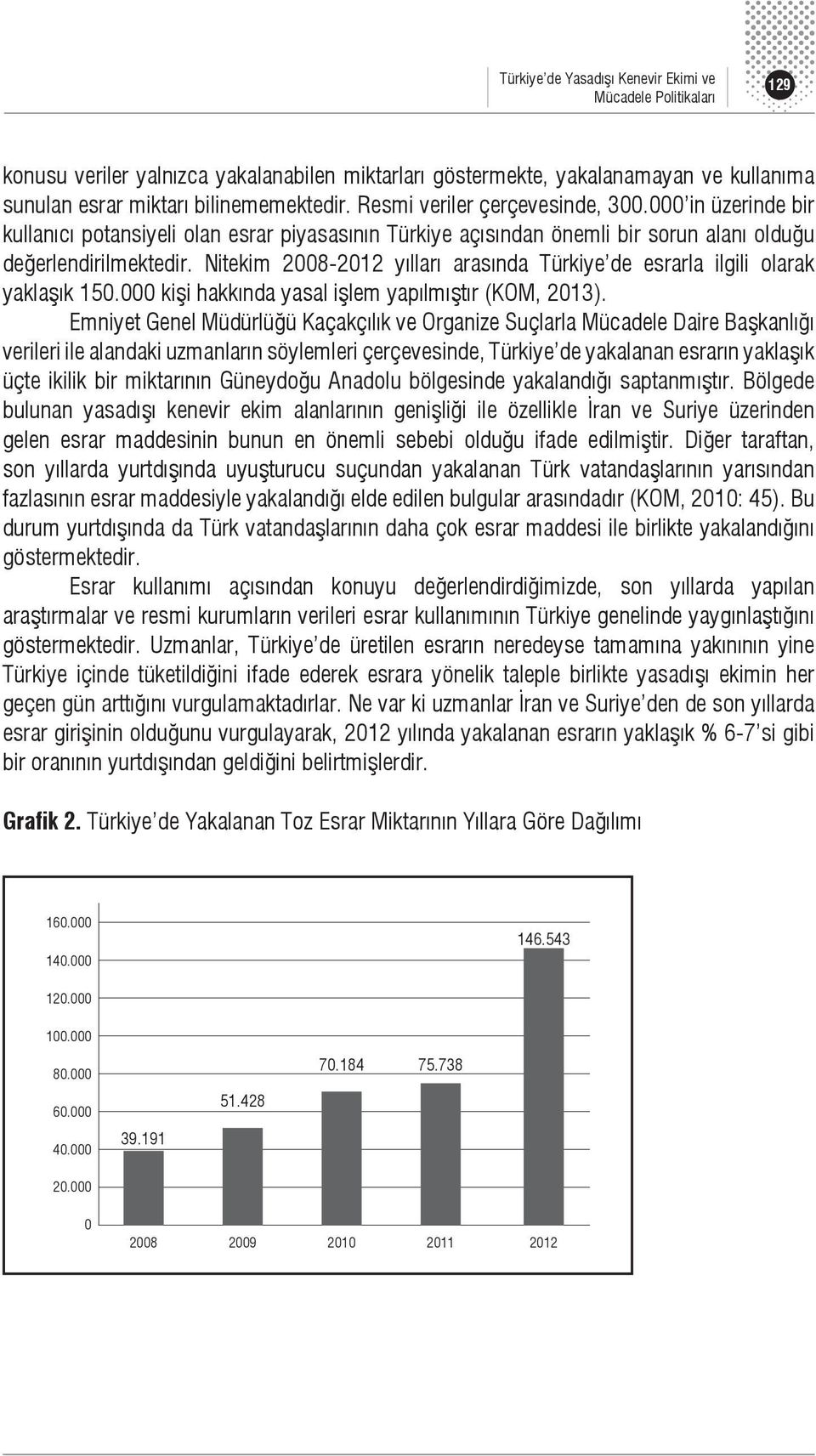 Nitekim 2008-2012 yılları arasında Türkiye de esrarla ilgili olarak yaklaşık 150.000 kişi hakkında yasal işlem yapılmıştır (KOM, 2013).